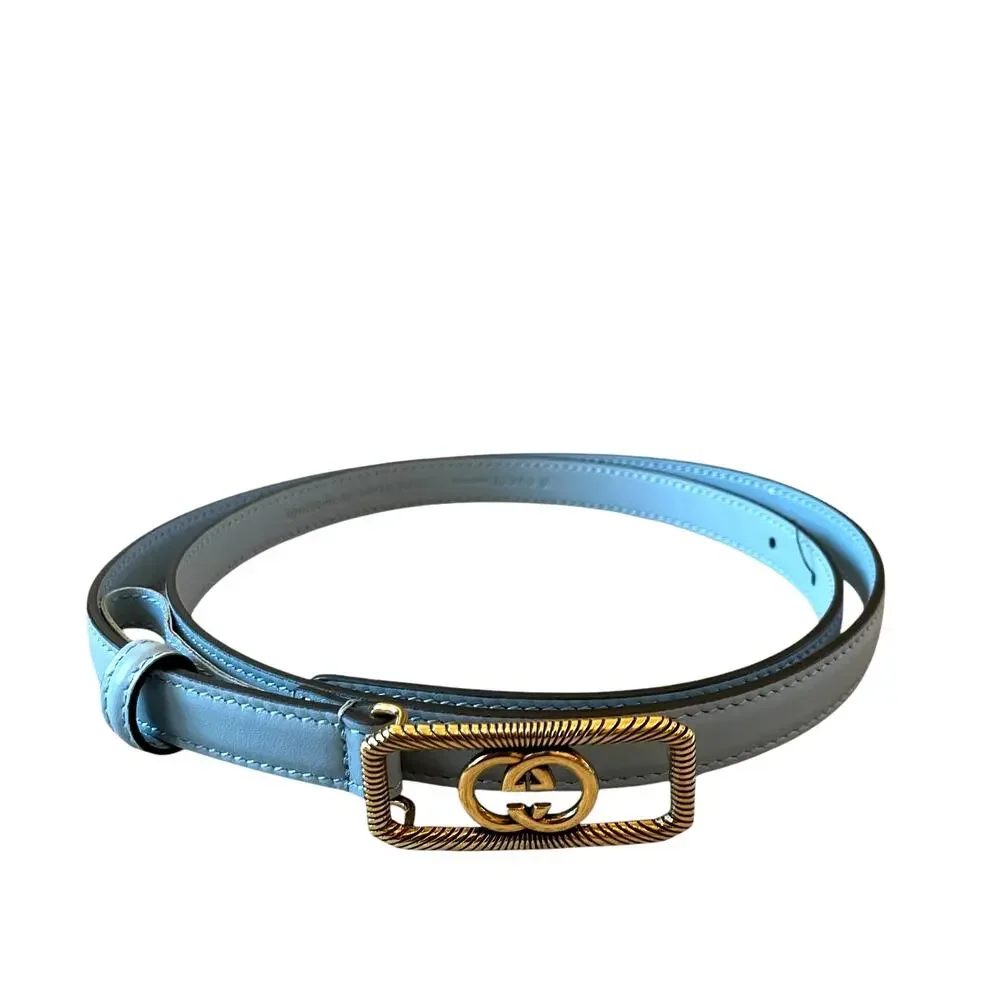 GUCCI Women's Thin Belt w/ Interlocking G Buckle Light Blue Leather SZ 90cm NEW